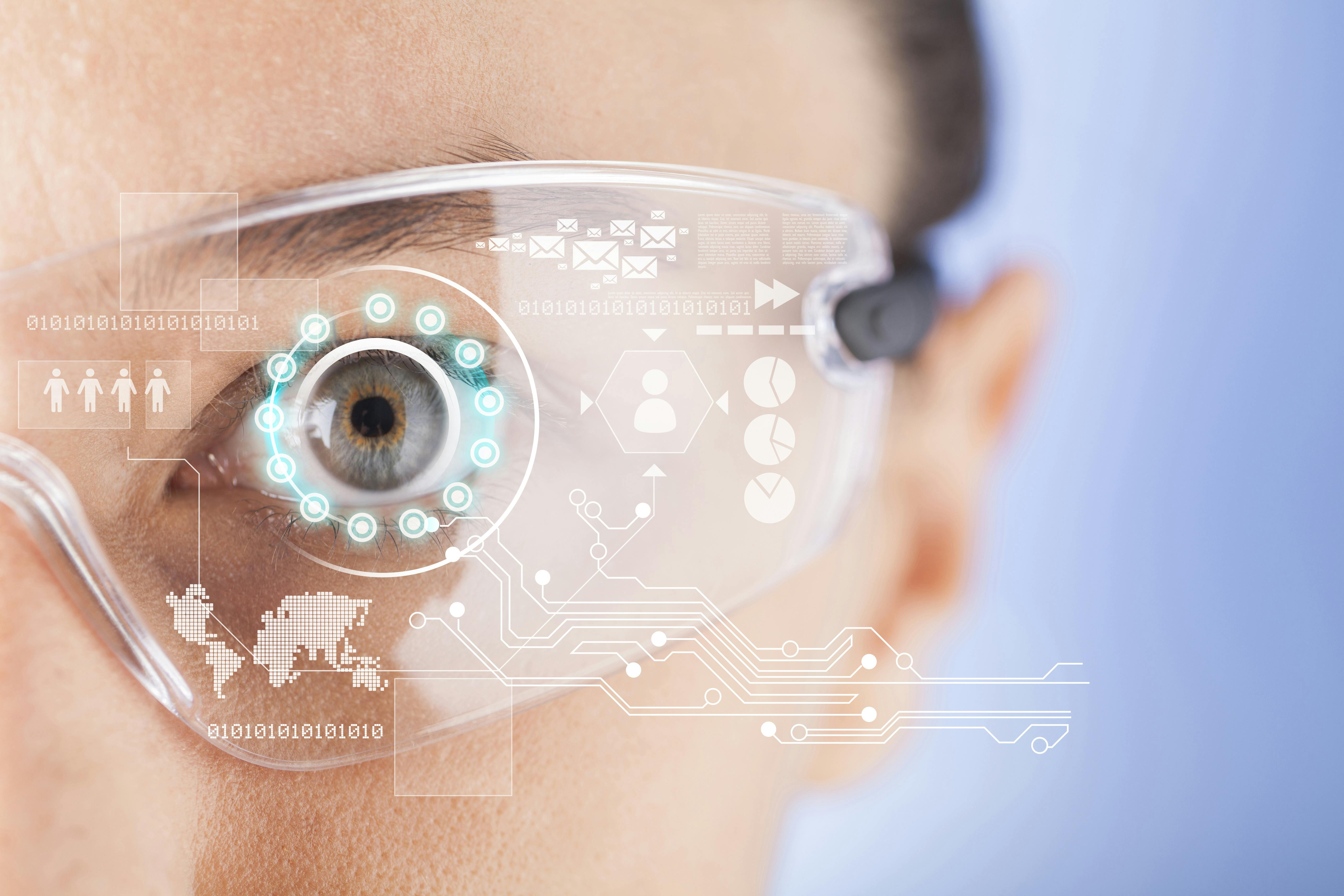 A woman wearing optical combiners in augmented reality devices.