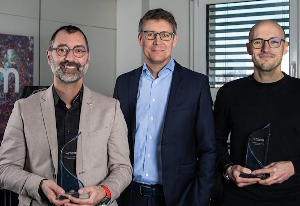 Martin Lemay, Alexandre Pauchard and Martin Proença - two of the winners of the CSEM Innovator Award 2023 and the CEO of CSEM. 