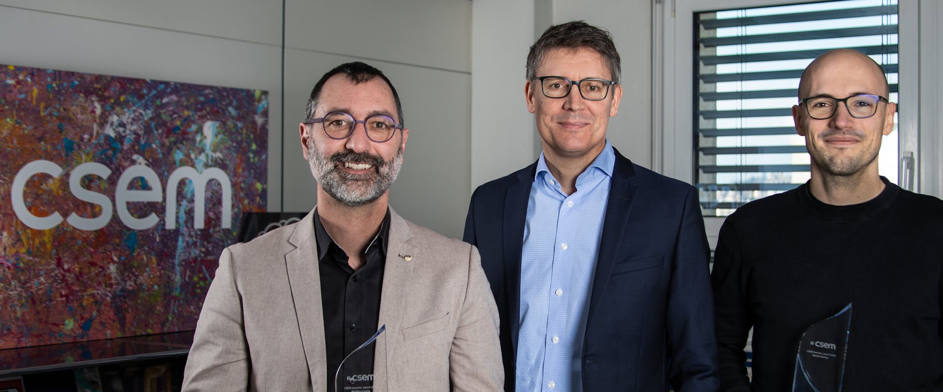 Martin Lemay, Alexandre Pauchard and Martin Proença - two of the winners of the CSEM Innovator Award 2023 and the CEO of CSEM. 
