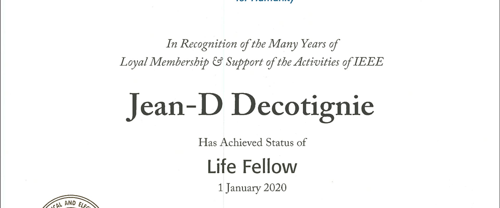 2020 IEEE Lifetime Member to Jean-Do Decotignie