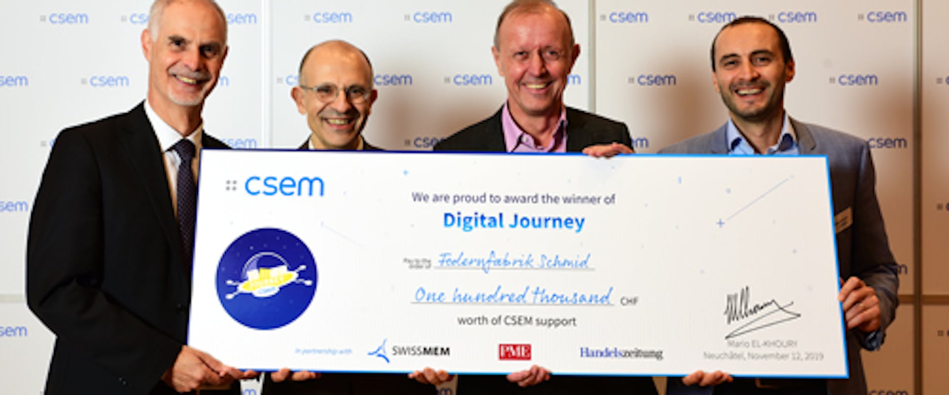 CSEM Digital Journey Winner, Mario El-Khoury, CSEM CEO, Georges Kotrotsios, CSEM, Albert Enste, Federnfabrik Schmid, Bahaa Roustom, CSEM