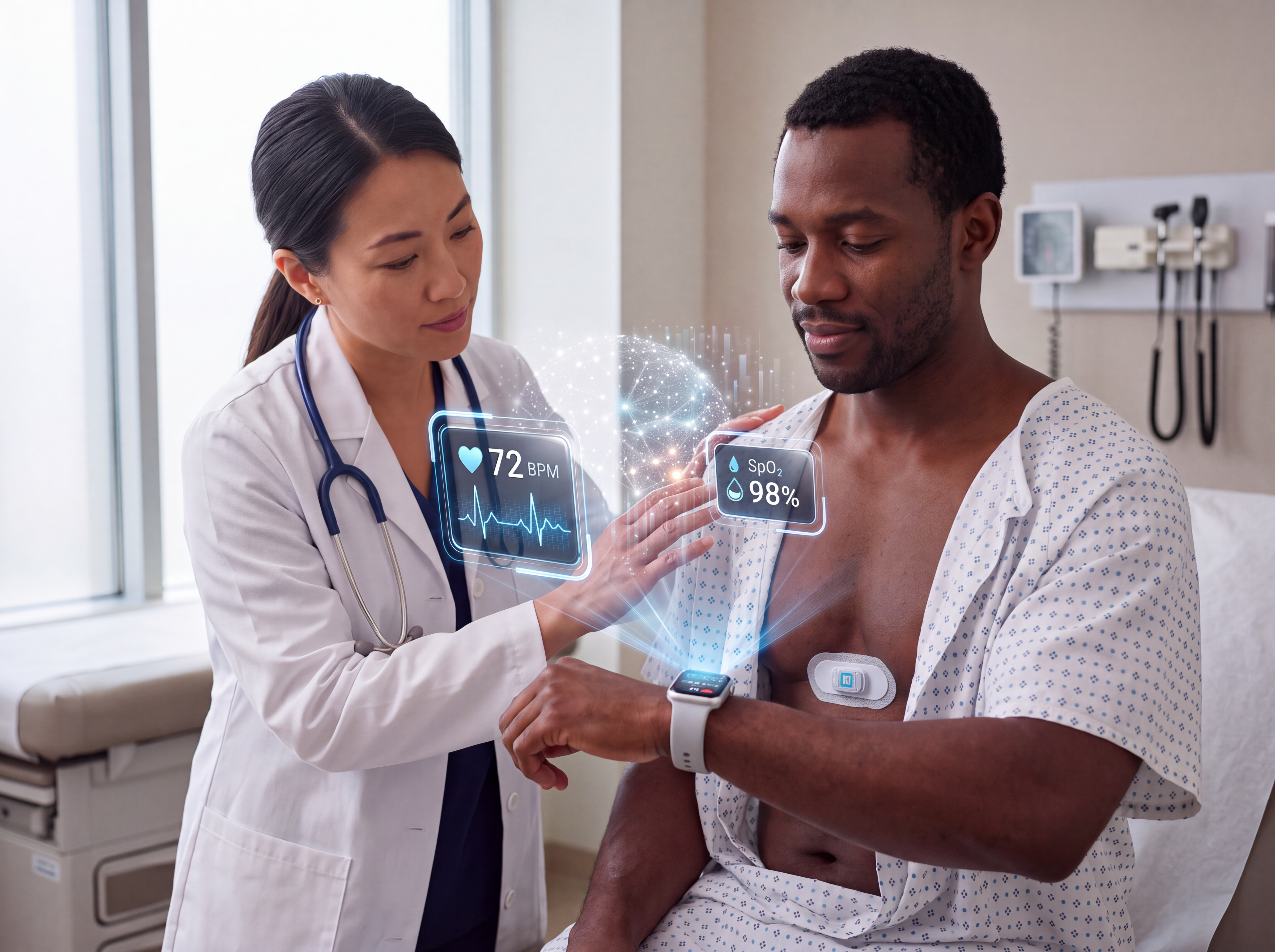 Doctor examining a patient wearing a chest patch and smartwatch, with an overlay displaying heart rate and oxygen saturation.