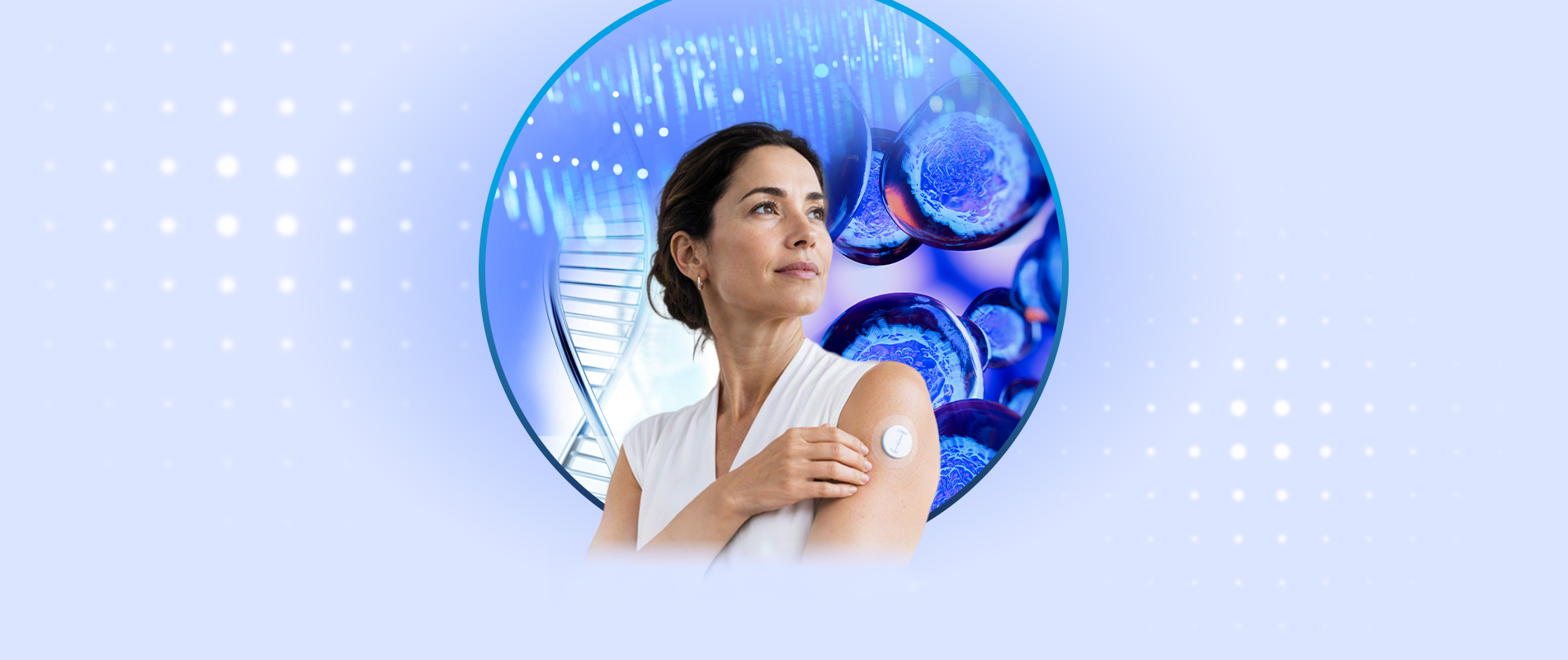 A woman wearing a health-monitoring patch on her upper arm, framed by a glowing blue circular interface containing cells, on a blue background.