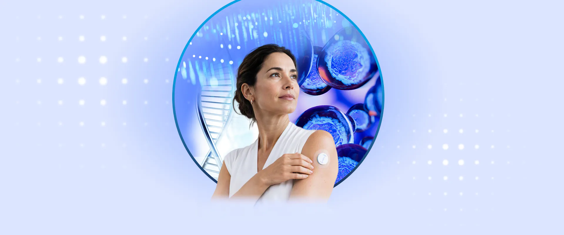 A woman wearing a health-monitoring patch on her upper arm, framed by a glowing blue circular interface containing cells, on a blue background.
