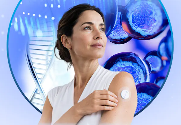 A woman wearing a health-monitoring patch on her upper arm, framed by a glowing blue circular interface containing cells, on a blue background.