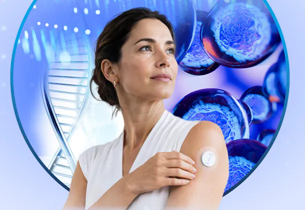 A woman wearing a health-monitoring patch on her upper arm, framed by a glowing blue circular interface containing cells, on a blue background.