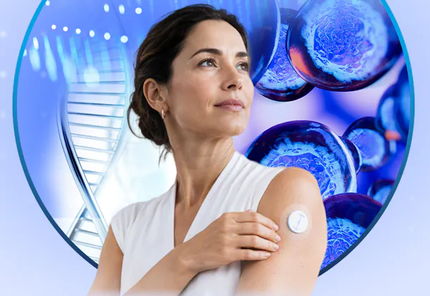 A woman wearing a health-monitoring patch on her upper arm, framed by a glowing blue circular interface containing cells, on a blue background.