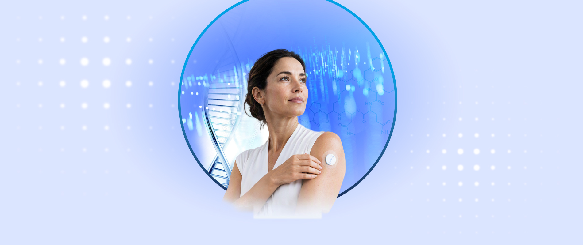 A woman wearing a health-monitoring patch on her upper arm, framed by a glowing blue circular interface on a pale bluebackground.