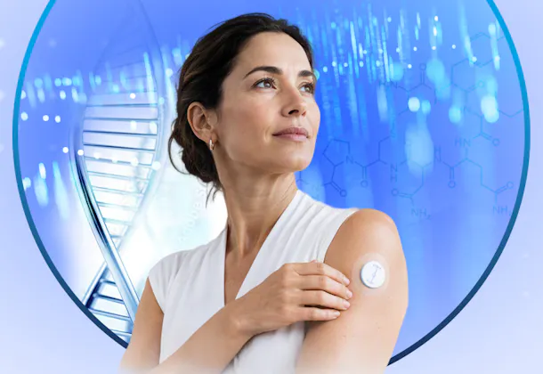 A woman wearing a health-monitoring patch on her upper arm, framed by a glowing blue circular interface on a pale bluebackground.