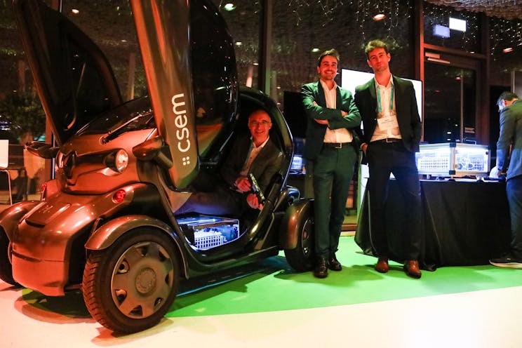 The Renault Twizy prototype, equipped with a Battery Management System developed at CSEM, showcased during the CSEM Business Day 2024 alongside Andreas Hutter, Group Leader of the Battery Innovation Hub.