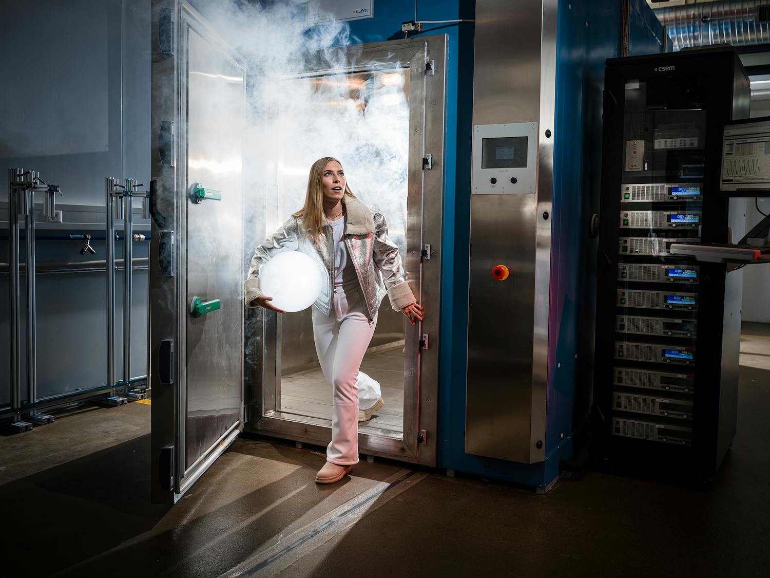 Young female scientist getting out of a lab