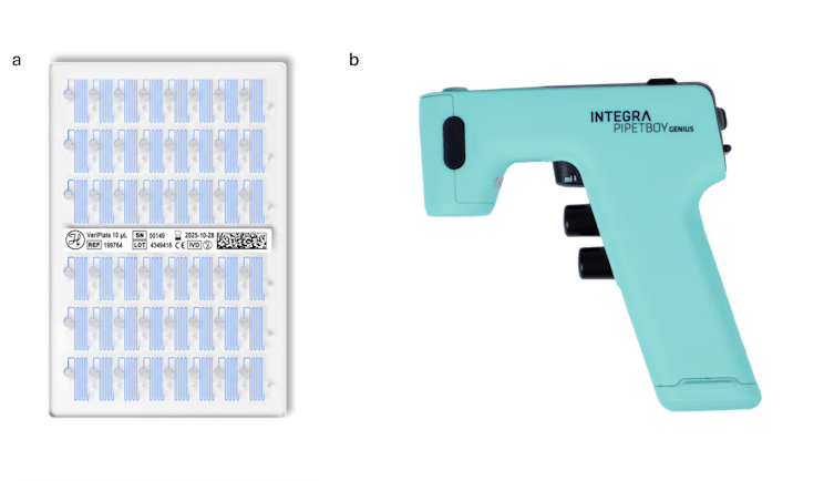 The picture on the left shows the VERIPLATE solution developed for Hamilton. The picture on the right displays the PIPETBOY Pipeter designed for Integra Biosciences