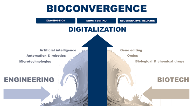 Infografic showing the trends of Engineering and Biotech joining and paving the way to Bioconvergence thanks to digitalization