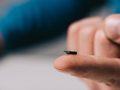 Der implantierbarer Biosensor CERES liegt auf der der Fingerspitze.