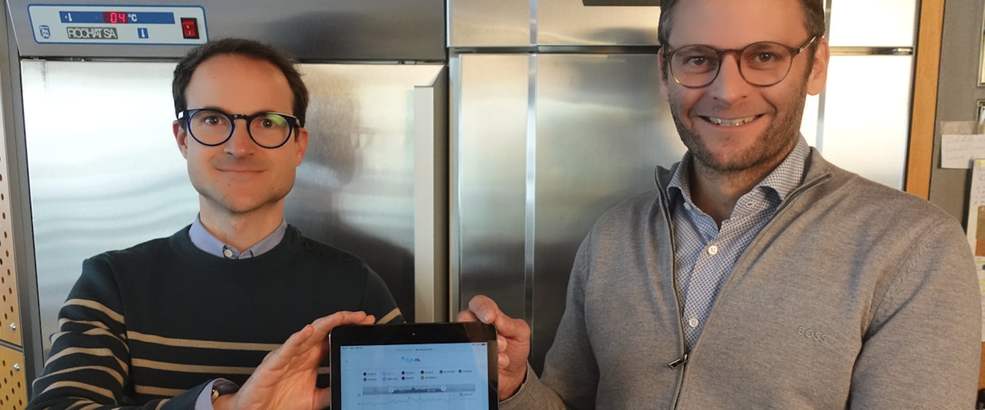 From left to right: Pierre-Jean Alet, Group Leader of Digital Energy at CSEM, and Marc-Etienne Jan, CEO of Digitel, unveil their predictive AI-based technology to reduce energy costs for supermarkets