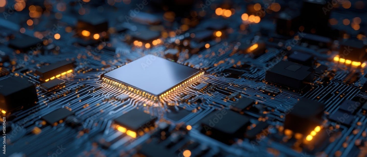 Glowing microchip on a circuit board