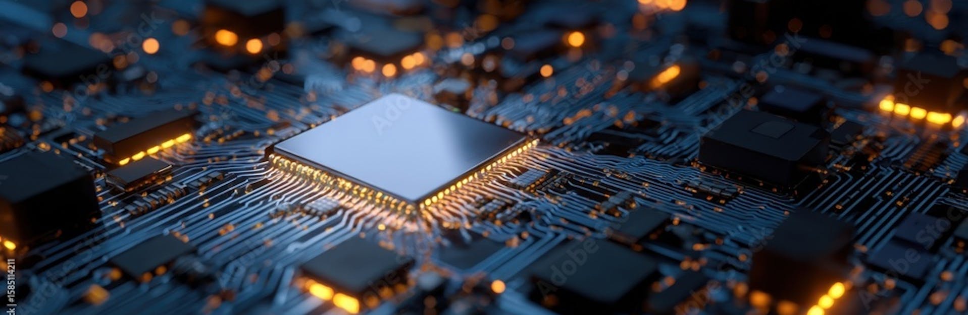 Glowing microchip on a circuit board