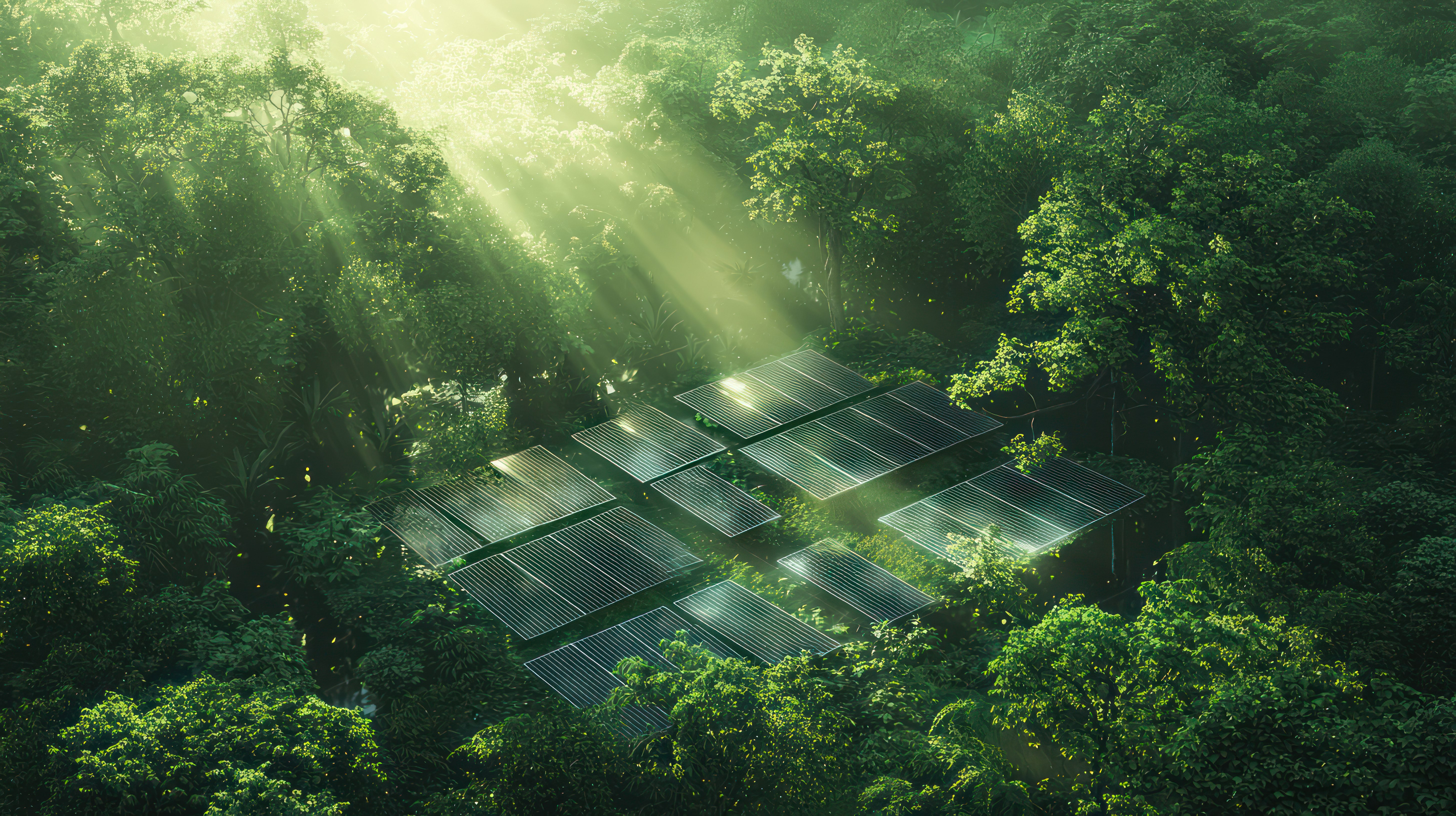 Concept of sustainable solar panels in harmony with nature, showing PV panels in the middle of a dense forest.