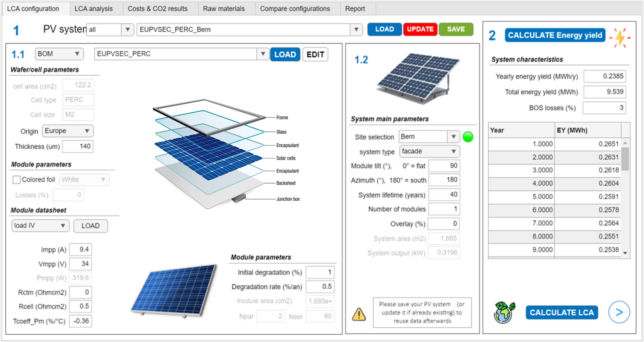 Screenshot of the Life Cycle Analysis (LCA) tool developed for solar PV systems.