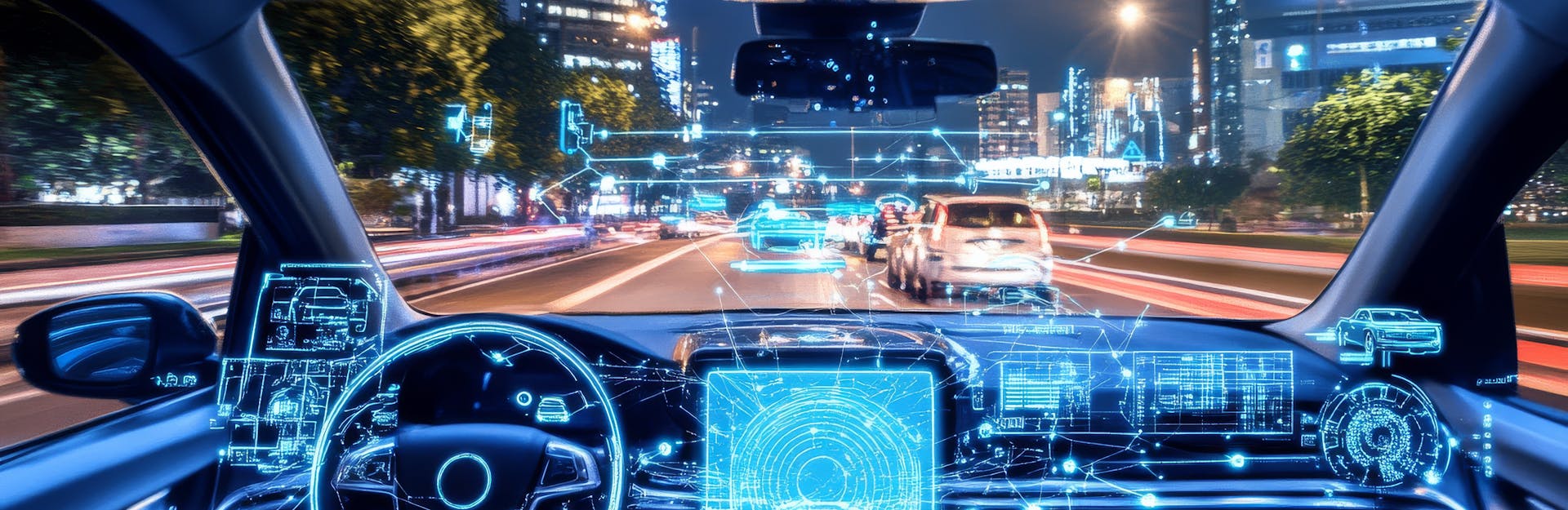Close-up of a futuristic car dashboard with ADAS interface and biometric monitoring overlays, representing DriverCheck technology.