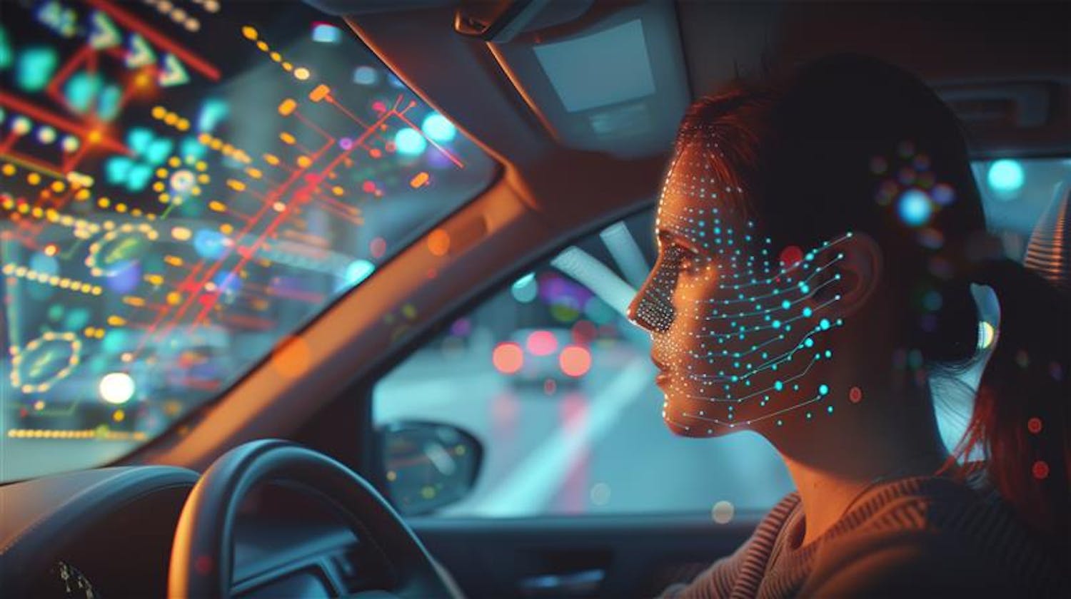 nterior of a futuristic car equipped with ADAS and biometric tracking. A female driver is having a health incident, while DriverCheck monitors her vital signals to ensure safety.