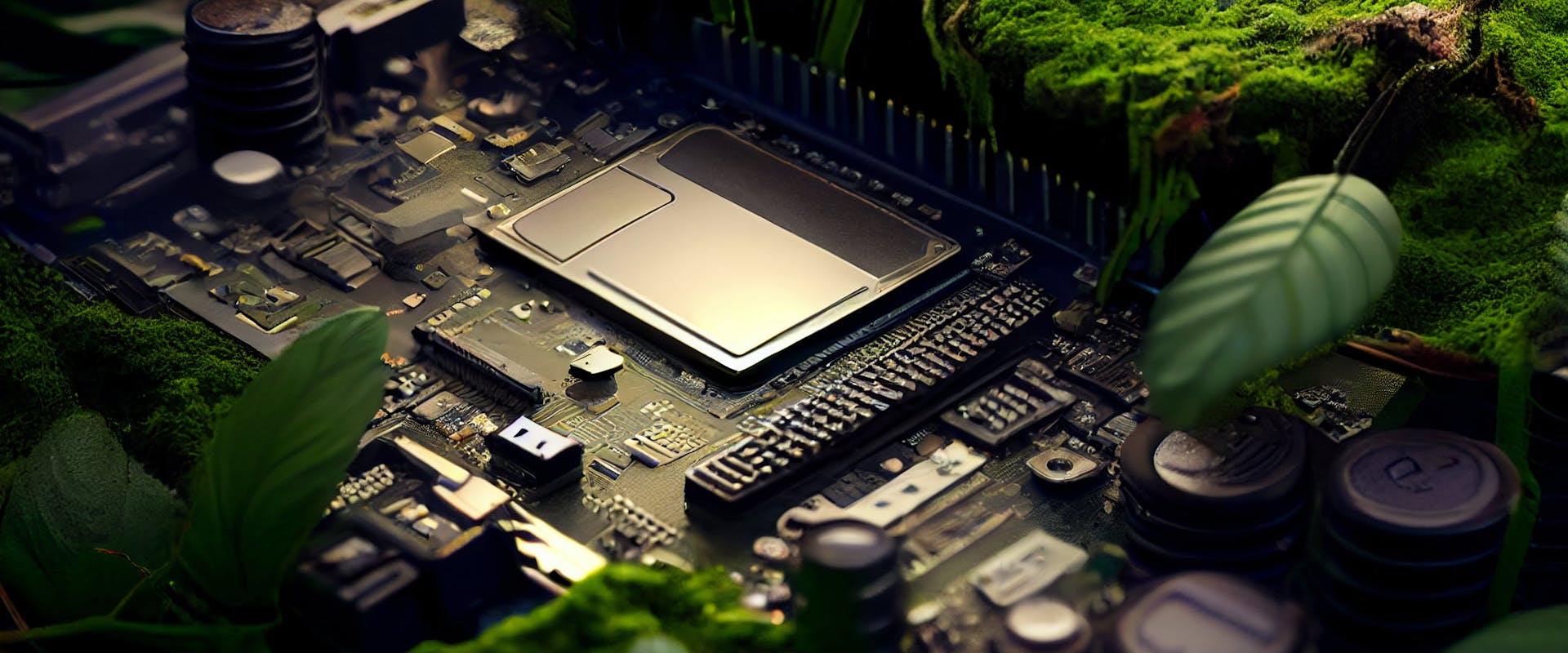 A computer chip surrounded by plants to denote "green" or sustainable electronics