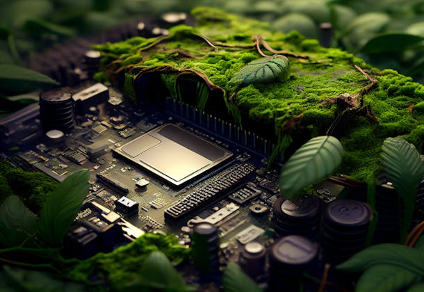 A computer chip surrounded by plants to denote "green" or sustainable electronics