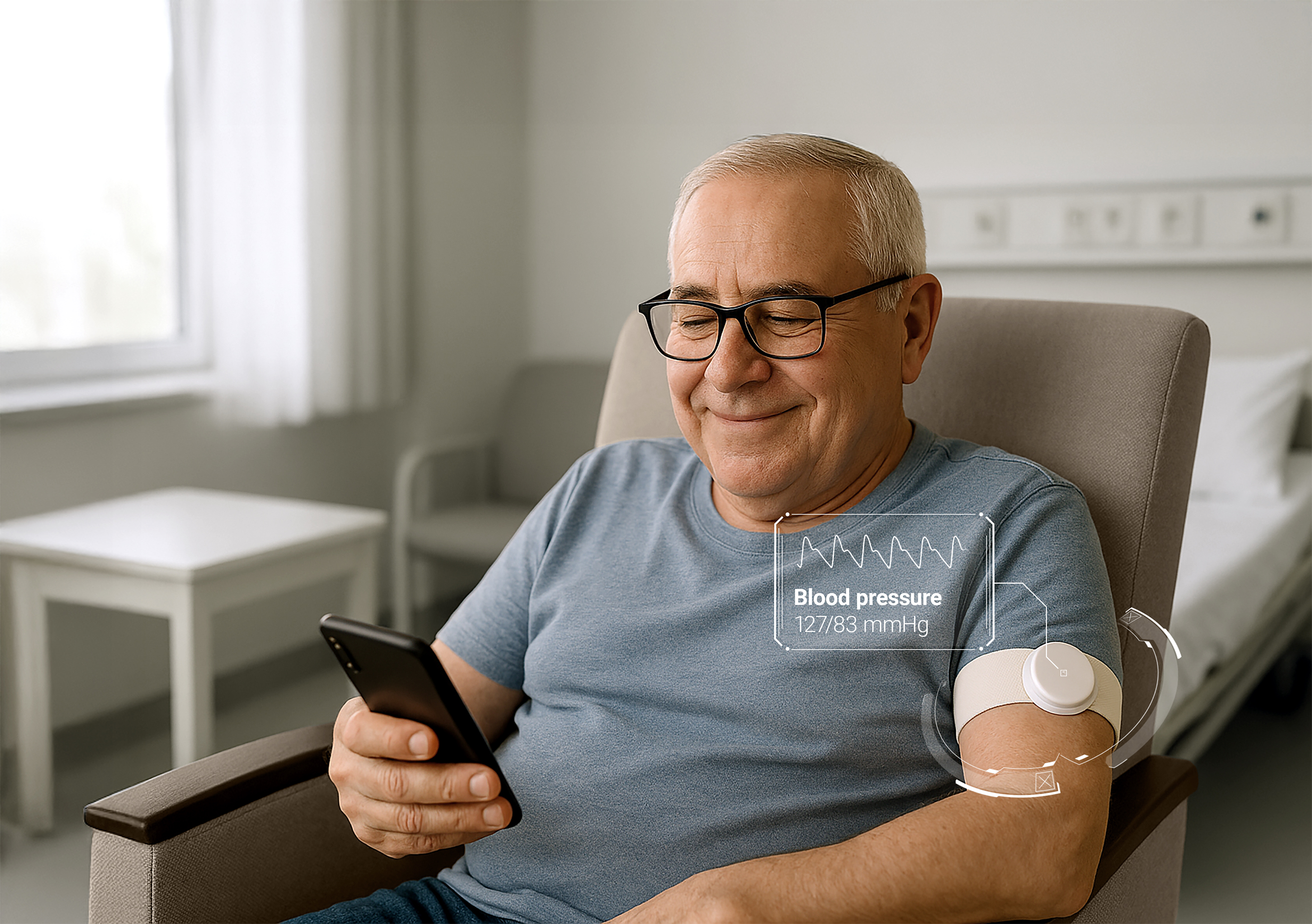 A man wearing a cuffless blood pressure monitor