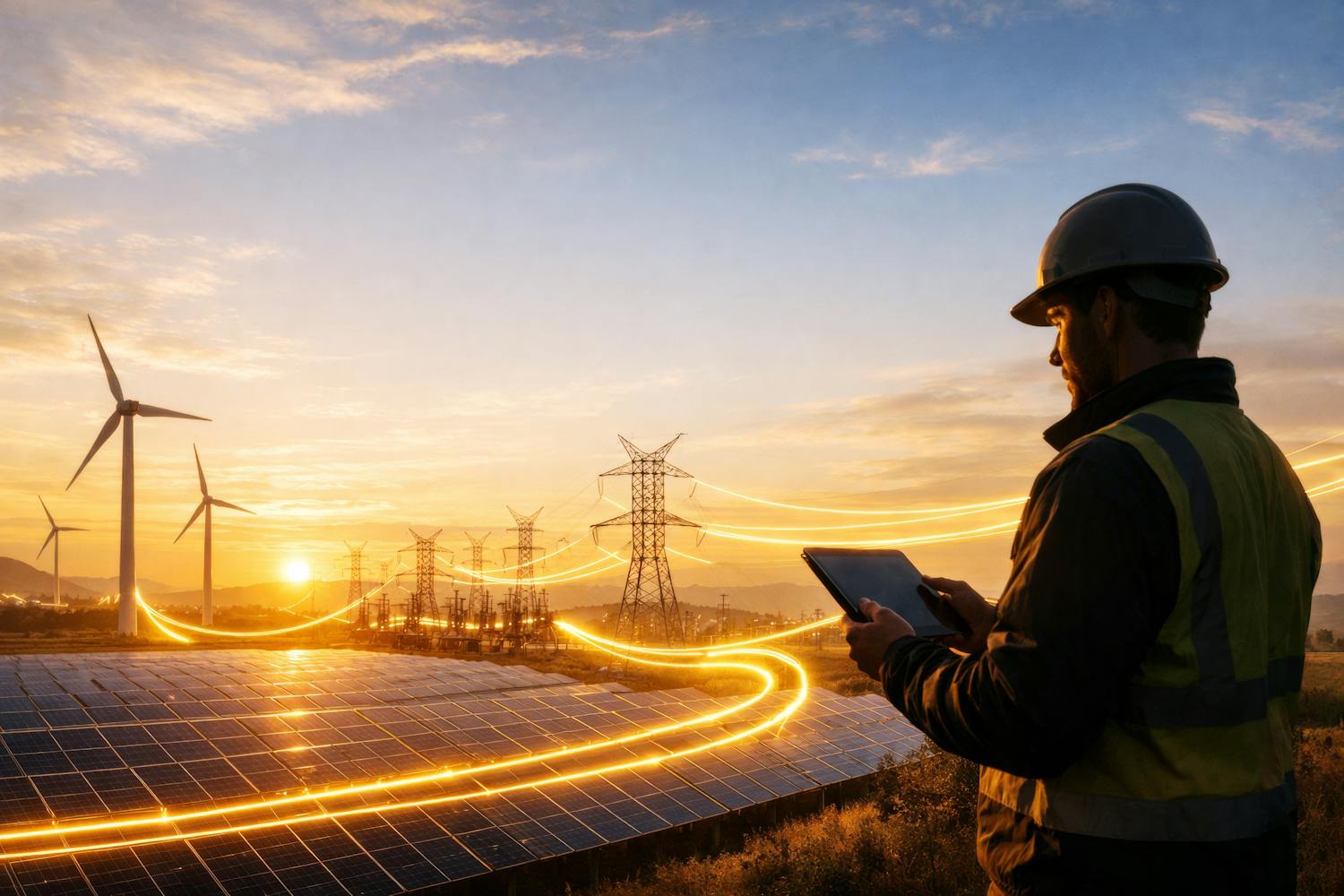 Engineer wearing a hard hat using a tablet at a solar panel farm with wind turbines and power lines in the background at sunset, symbolizing renewable energy and smart grid technology.