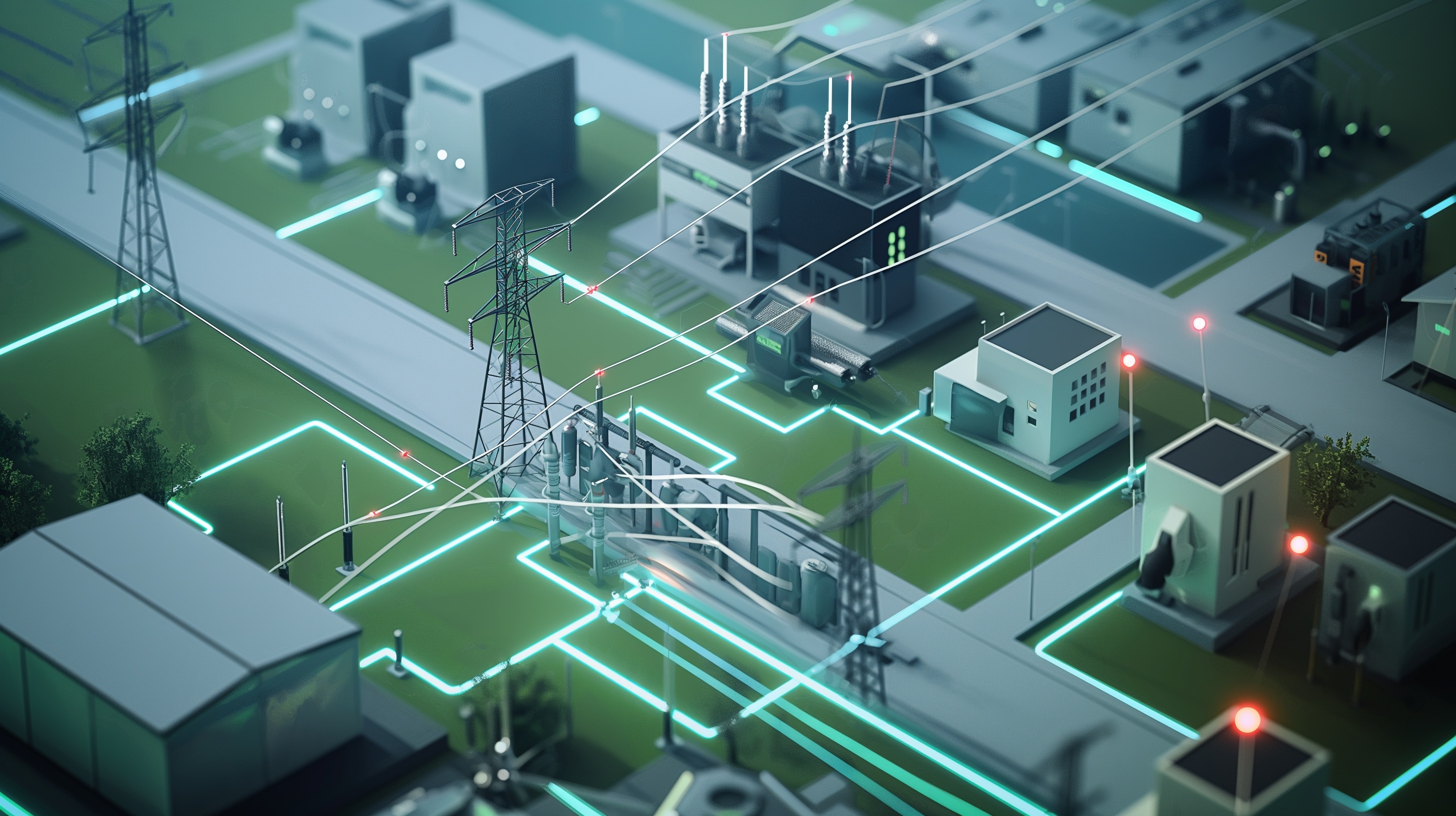 3D isometric illustration of a modern smart grid system showing power lines, transmission towers, substations, transformers, and connected buildings with glowing neon lines representing electricity flow.