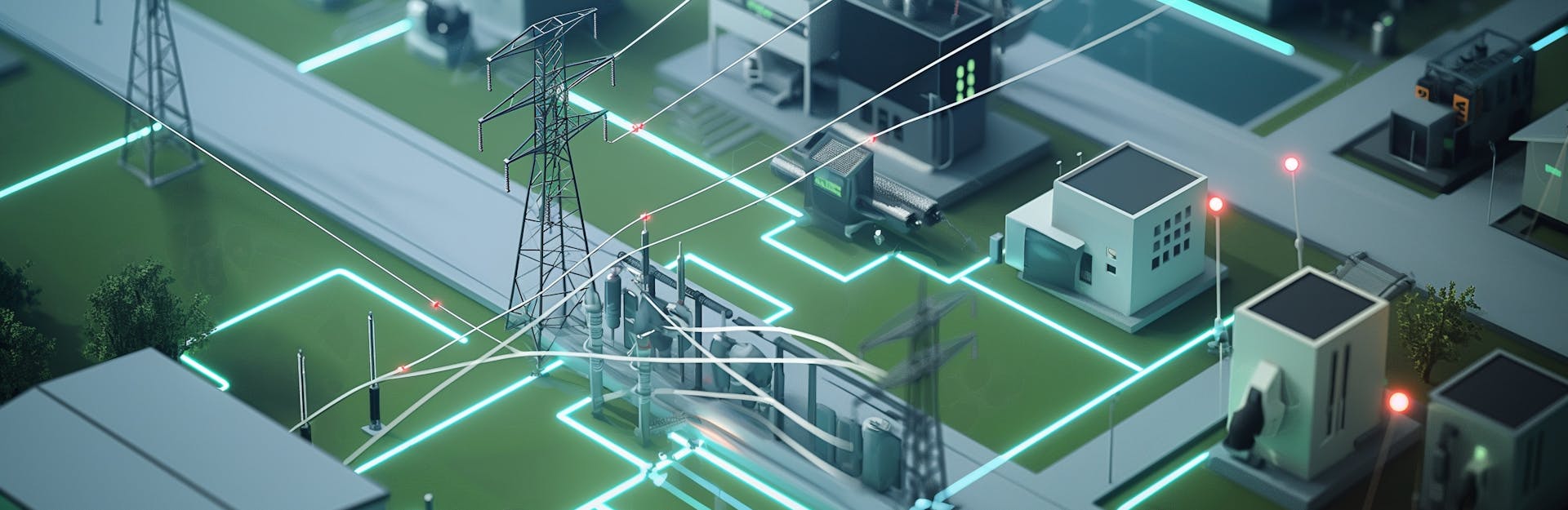 3D isometric illustration of a modern smart grid system showing power lines, transmission towers, substations, transformers, and connected buildings with glowing neon lines representing electricity flow.