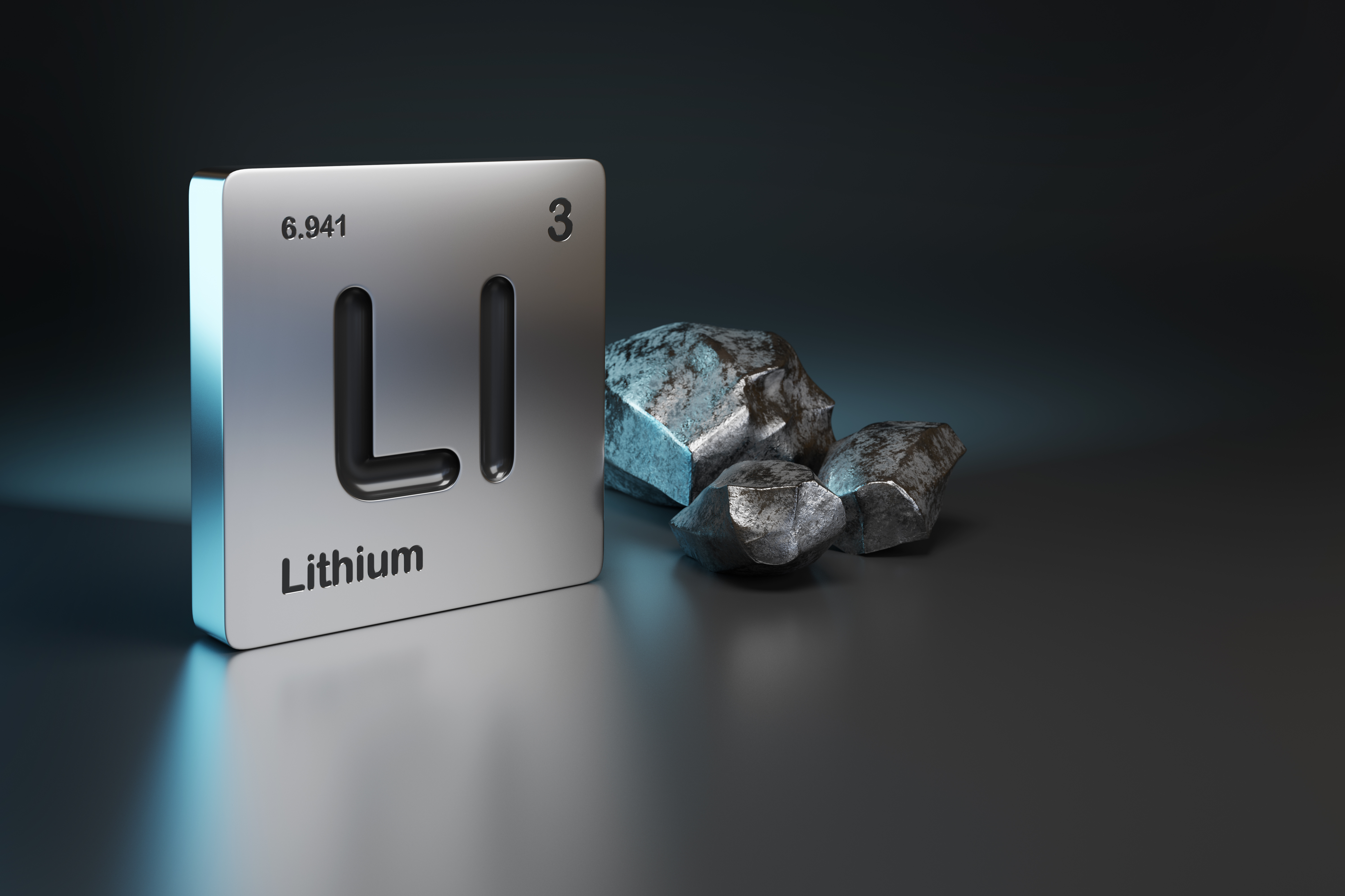 Lithium chemical element symbol Li with metal samples used in battery energy storage technologies