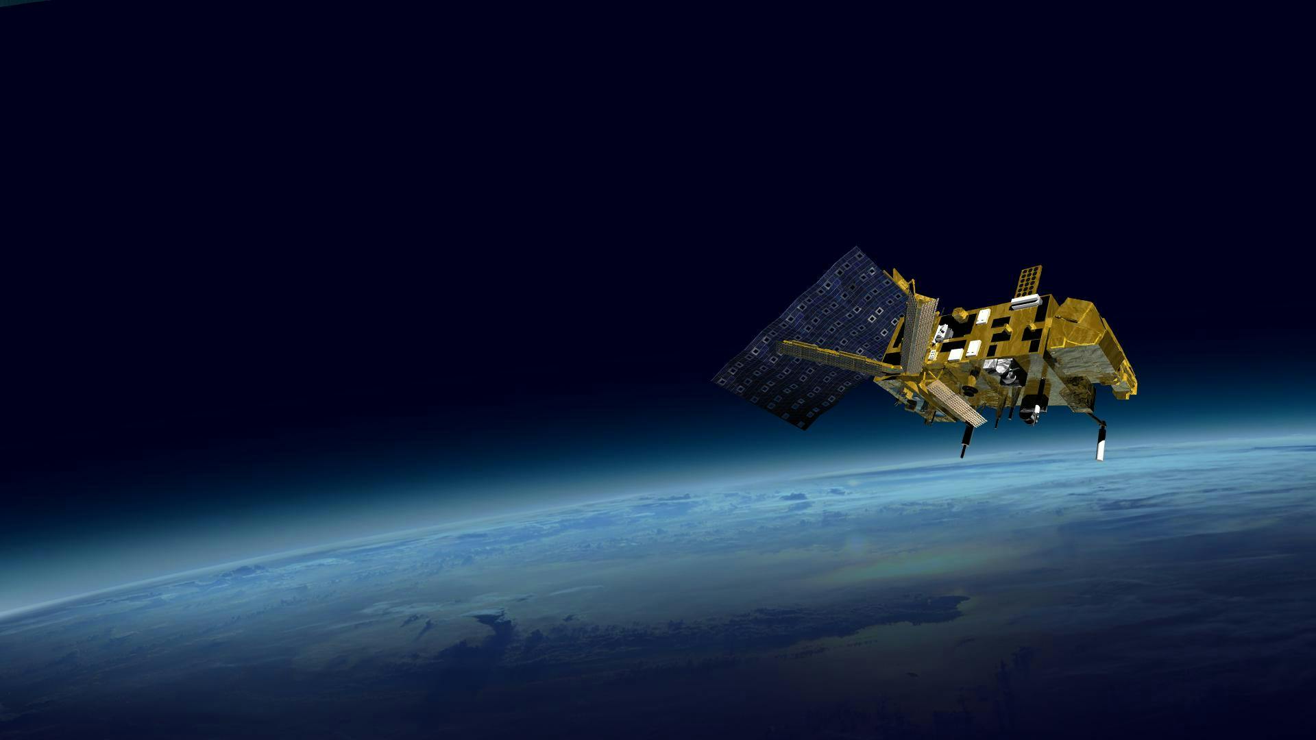 Ein Satellit überfliegt die Erde.
