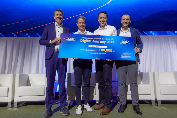 From left to right, Alexandre Pauchard (CEO, CSEM), Tobias Boehringer (Innovation Engineer, BUSS AG), Victor Callegari (Head of Business Development & Innovation, BUSS AG) and Bahaa Roustom (VP Marketing & Business Development, CSEM).