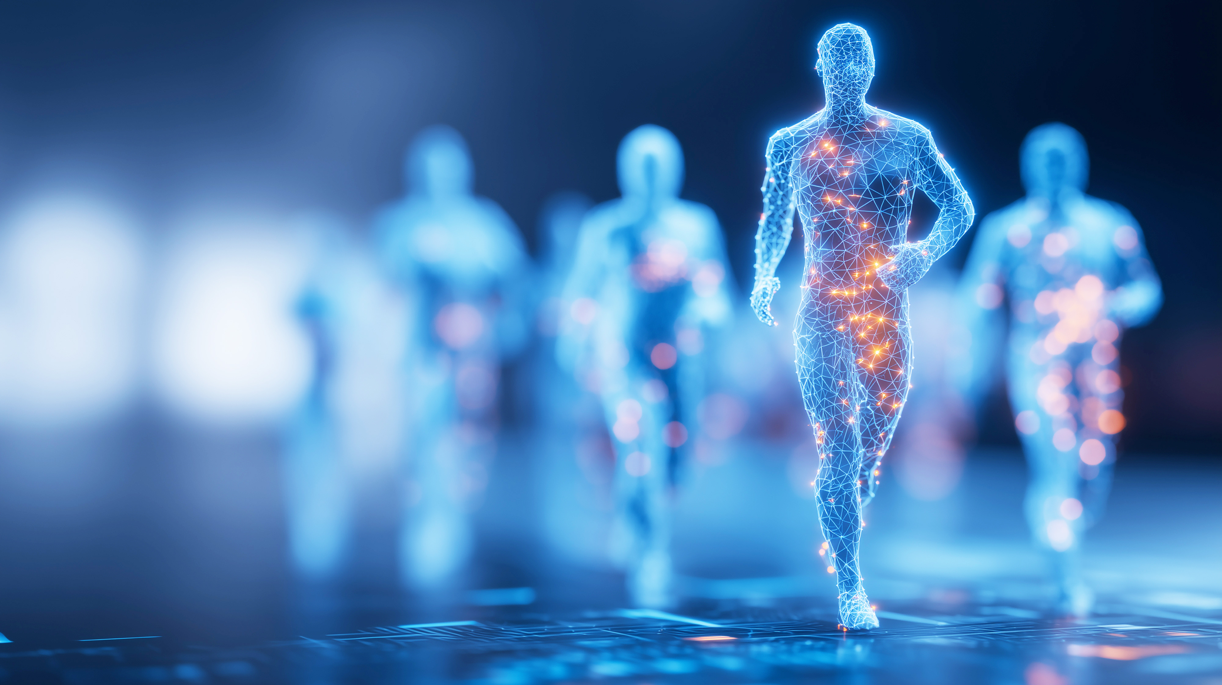 Wireframe human figures running in a digital environment representing biometric tracking.