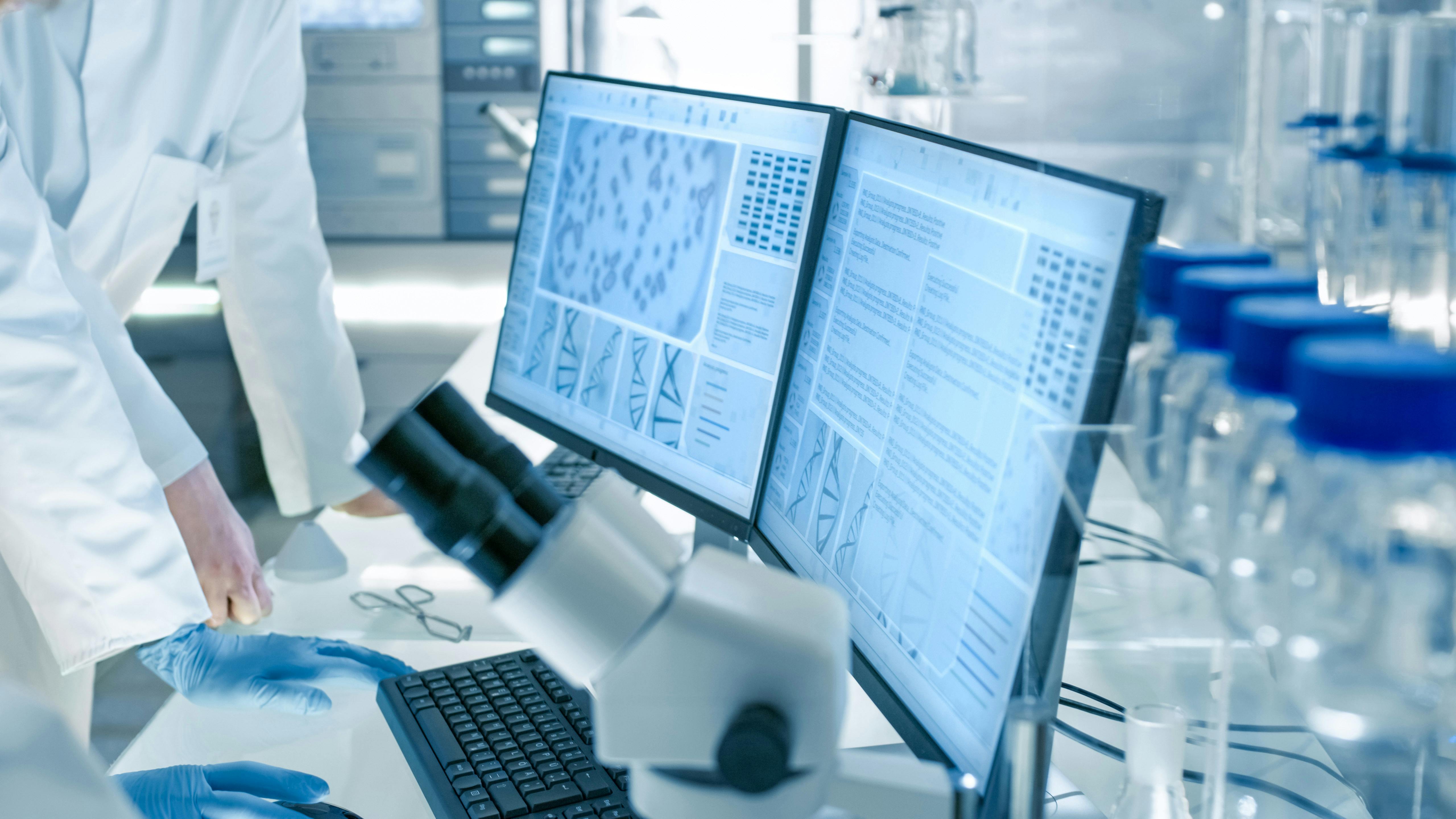 Lab employees analyzing scientific datas on a computer