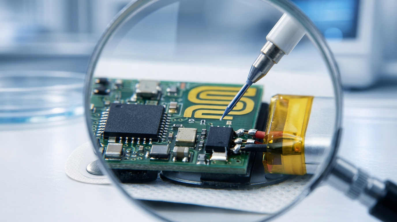 Close-up of a probe touching a compact circuit board with a chip, antenna, and battery under a magnifying glass.