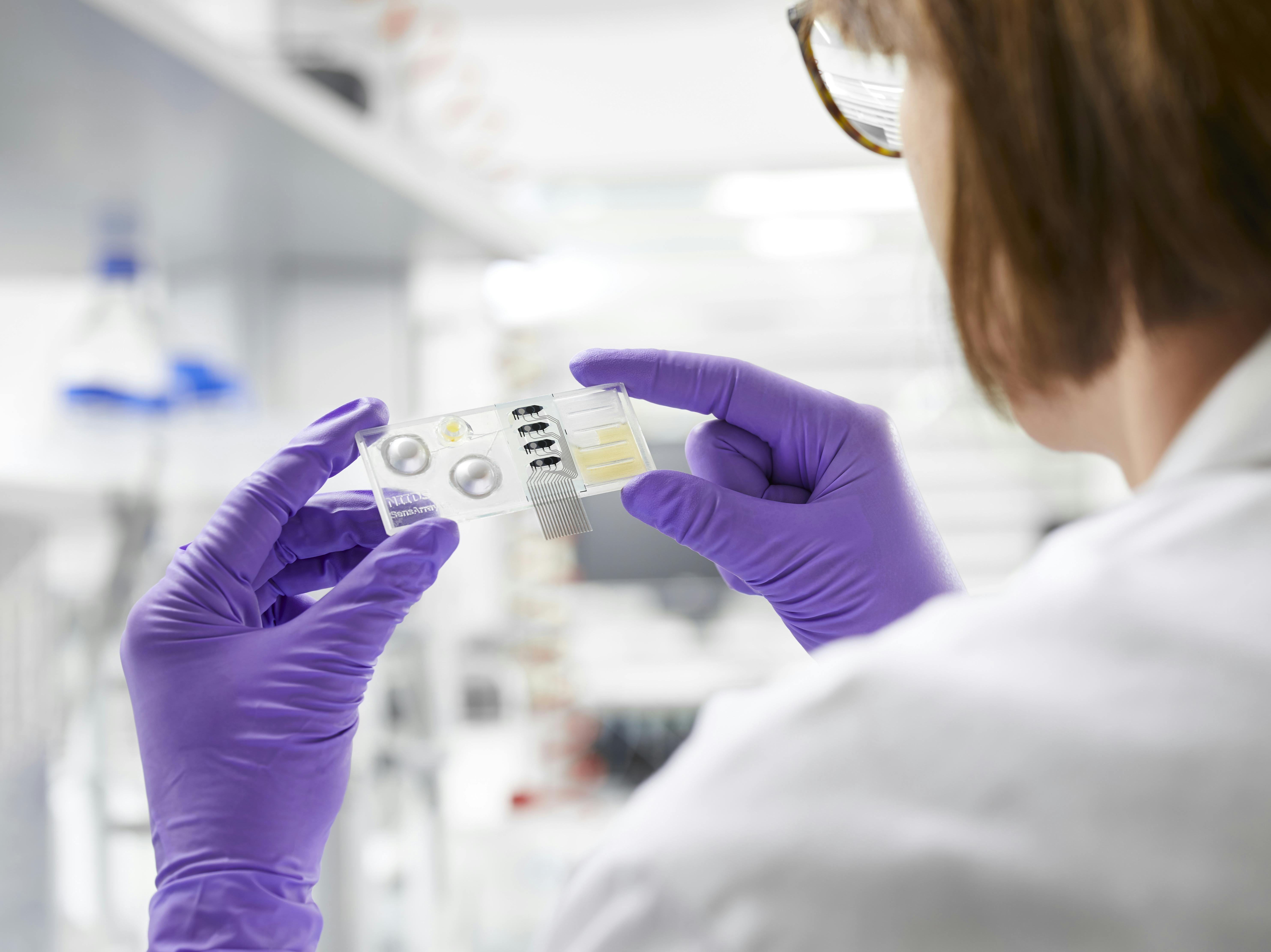 Female lab worker wearing purple gloves