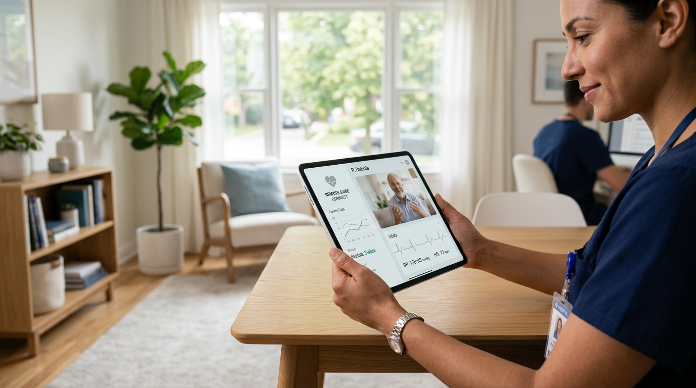 Healthcare professional reviewing patient health data on a tablet during a  home visit.
