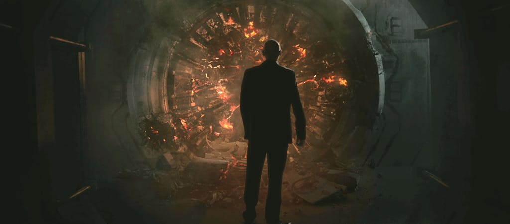 Man looking into circular portal