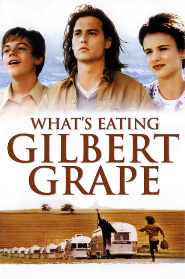 What's Eating Gilbert Grape poster: two men and a woman outdoors; two men running after a line of buses