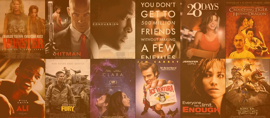 Posters of example titles, including Monster, Concussion, 28 Days, Crouching Tiger Hidden Dragon, Ali, Clara