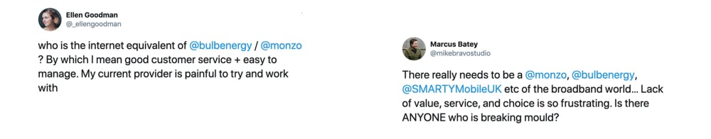 Quotes from twitter. Who is the internet equivalent of Bulb or Monzo.