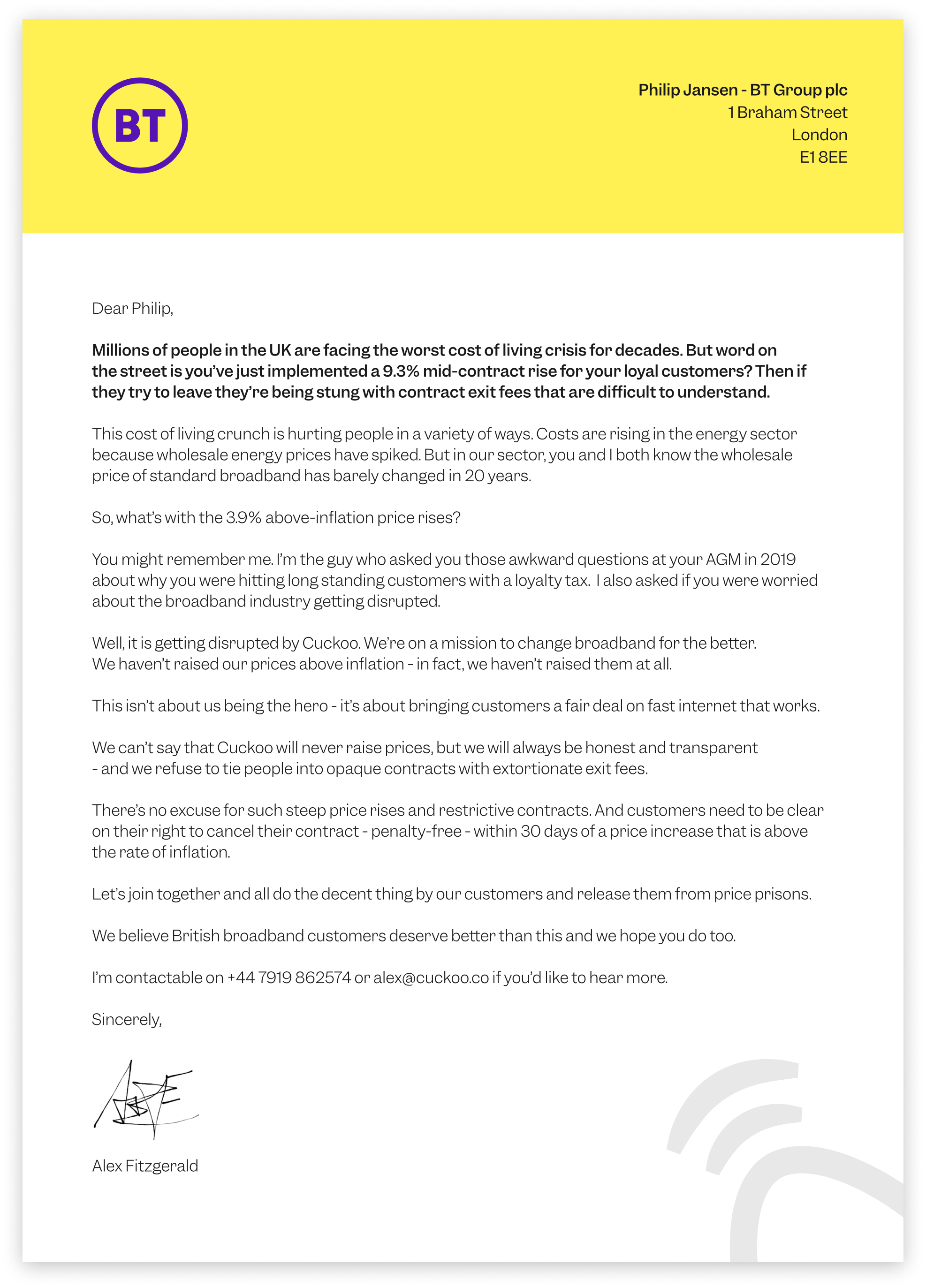 Cuckoo Broadband CEO letter to BT CEO