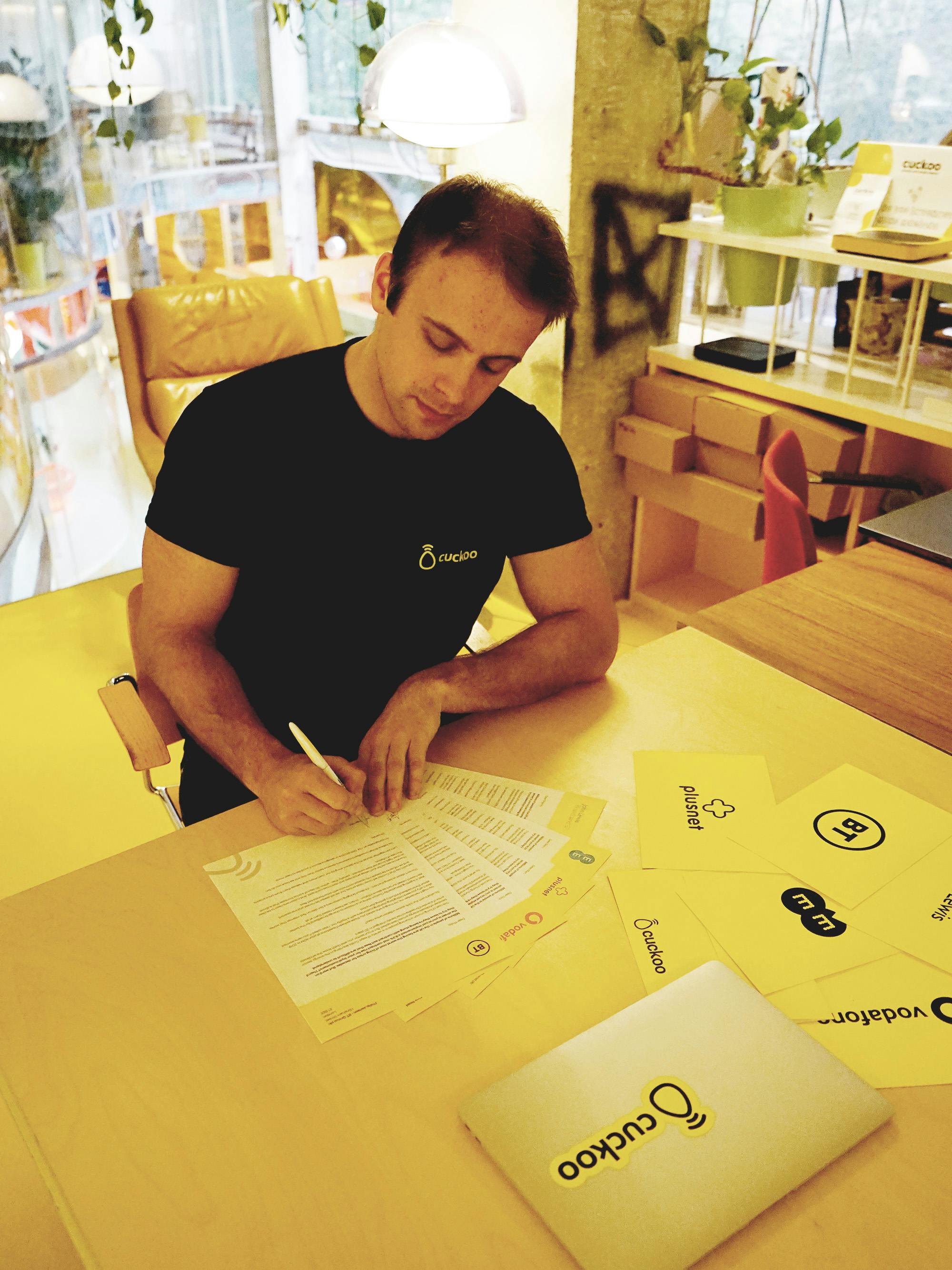 Alex Fitzgerald Cuckoo CEO & Founder signing letters to UK ISP CEOs