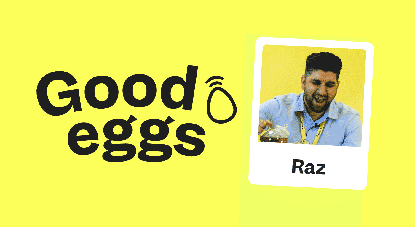 Man pours a cup of mint tea next to header that reads "Good Eggs - Raz"