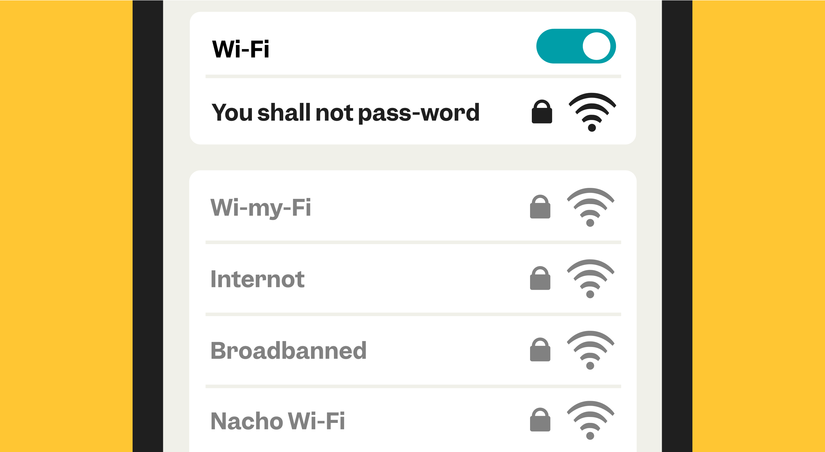 Mobile phone with wifi names "you shall no pass-word" and broadbanned