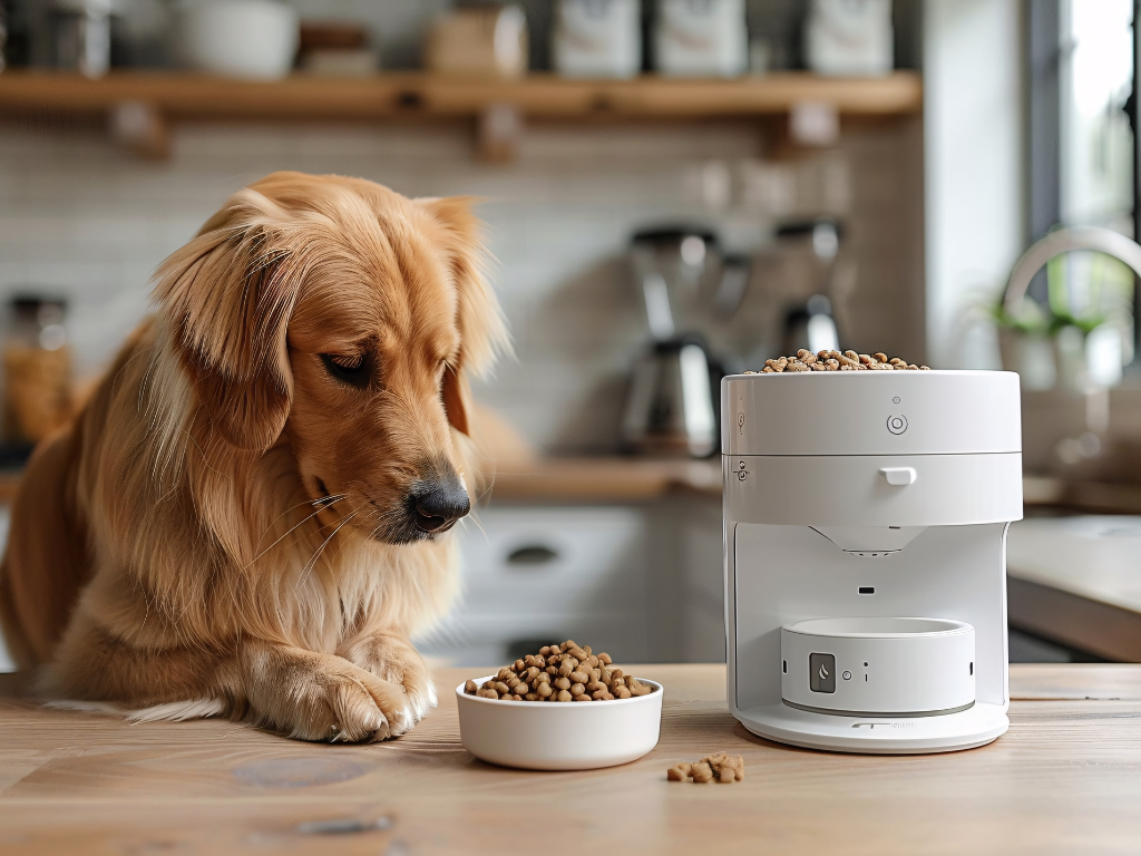 A dog with paws on the work surface awaits a meal from an automatic feeder