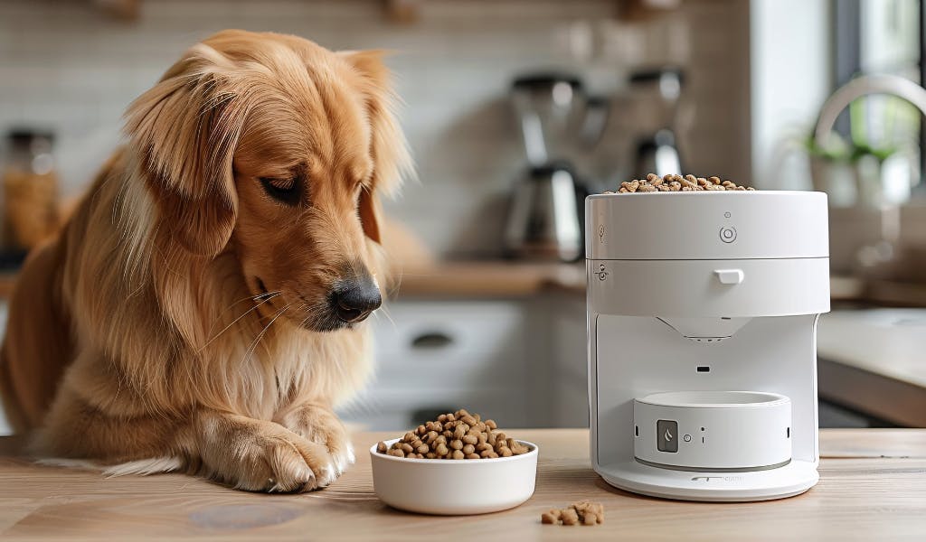 A dog with paws on the work surface awaits a meal from an automatic feeder