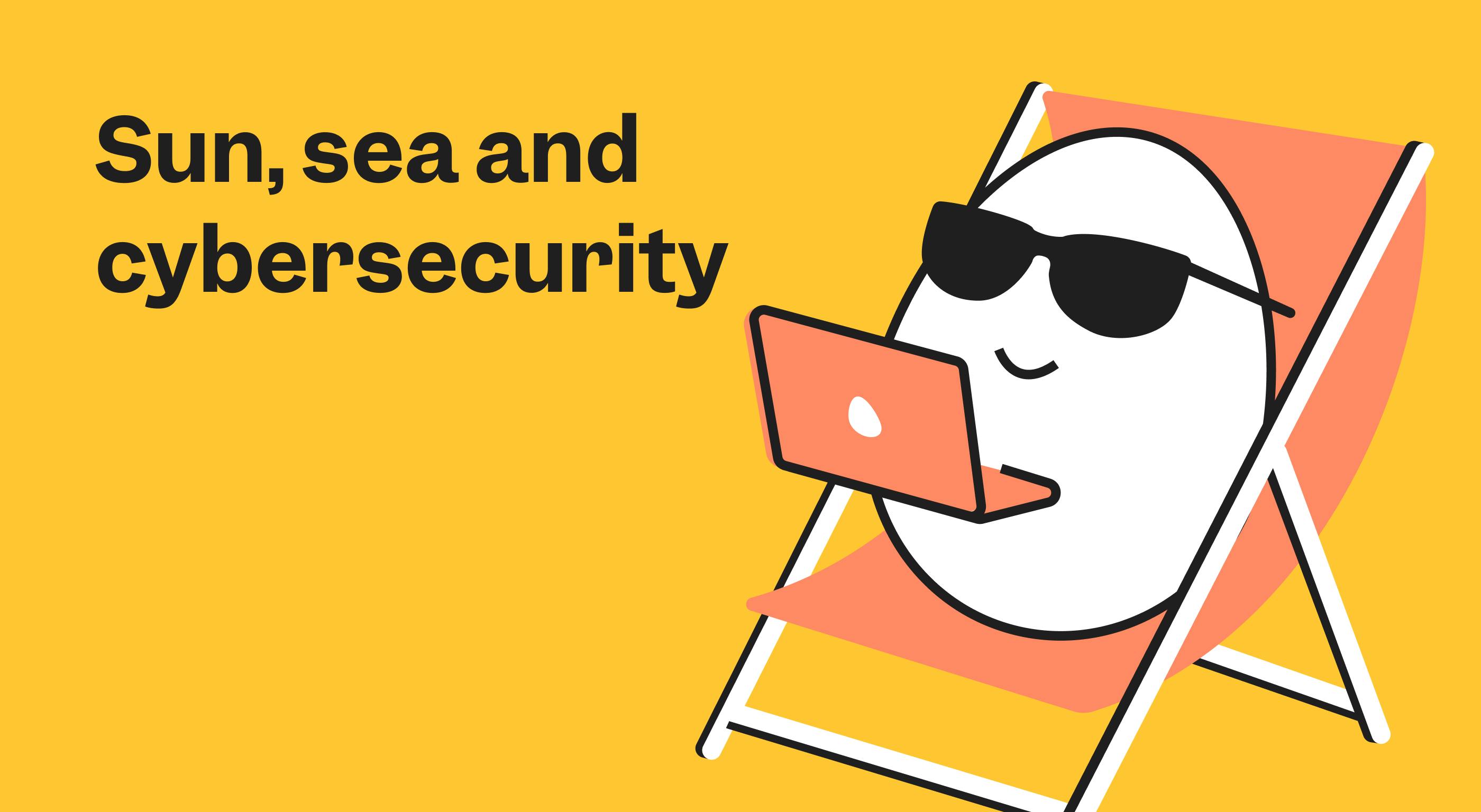Title: Sun, sea and cybersecurity. An egg sitting on a deckchair holding a laptop 